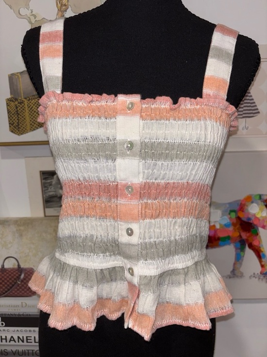 By Together Tops - By Together Striped Ruffle Knit Tank in Peach, Cream & Gray